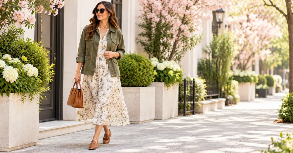 12 Effortless Chore Jacket Outfit Ideas for a Chic, Timeless Look 6 Chore jacket layered over a floral midi dress Chore Jacket Outfit Ideas