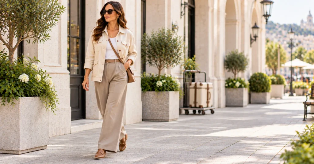 12 Effortless Chore Jacket Outfit Ideas for a Chic, Timeless Look 8 Chore jacket with wide-leg trousers and fitted top Chore Jacket Outfit Ideas