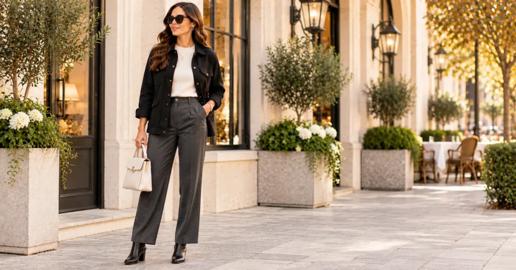 12 Effortless Chore Jacket Outfit Ideas for a Chic, Timeless Look 10 Sleek black chore jacket with tailored trousers Chore Jacket Outfit Ideas