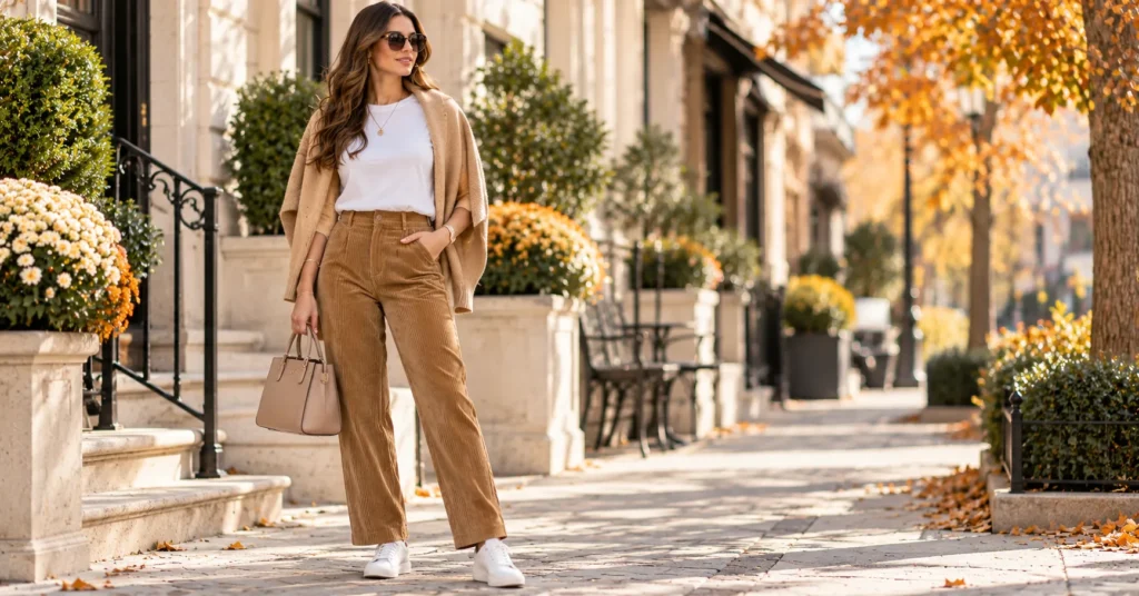 12 Effortless Corduroy Pants Outfit Ideas for a Chic Fall Look 3 Corduroy Pants Outfit Ideas featuring camel corduroy pants, a white tee, and white sneakers for a casual fall look.