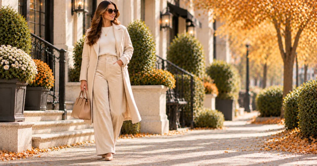 12 Effortless Corduroy Pants Outfit Ideas for a Chic Fall Look 12 Corduroy Pants Outfit Ideas featuring cream corduroy pants, an ivory knit, and matching coat for an elevated fall look.