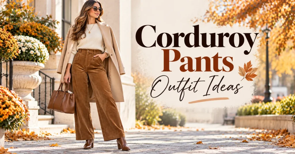 12 Effortless Corduroy Pants Outfit Ideas for a Chic Fall Look 3 Corduroy Pants Outfit Ideas featuring caramel-brown wide-leg corduroy pants, a cream knit sweater, beige coat, ankle boots, and a structured handbag for a chic fall look.