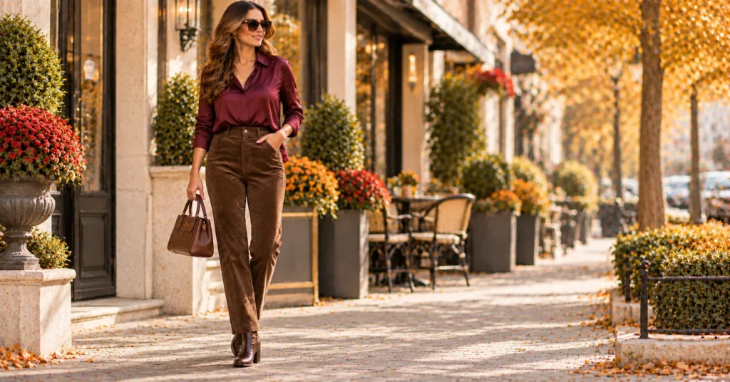 12 Effortless Corduroy Pants Outfit Ideas for a Chic Fall Look 13 Corduroy Pants Outfit Ideas featuring slim brown corduroy pants and a burgundy silk blouse for an elegant date night.