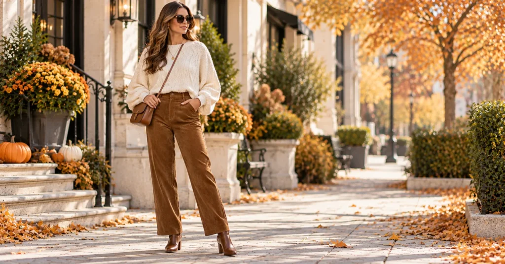 12 Effortless Corduroy Pants Outfit Ideas for a Chic Fall Look 4 Corduroy Pants Outfit Ideas with brown corduroy pants, a chunky knit sweater, ankle boots, and a crossbody bag.