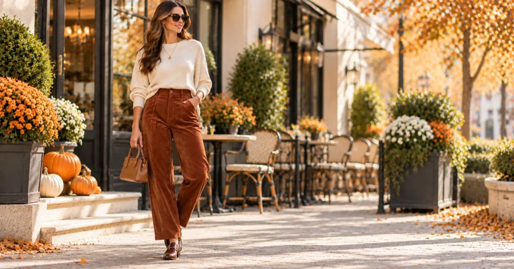 12 Effortless Corduroy Pants Outfit Ideas for a Chic Fall Look 7 Corduroy Pants Outfit Ideas featuring rust corduroy pants and a cream sweater for a stylish fall brunch outfit.