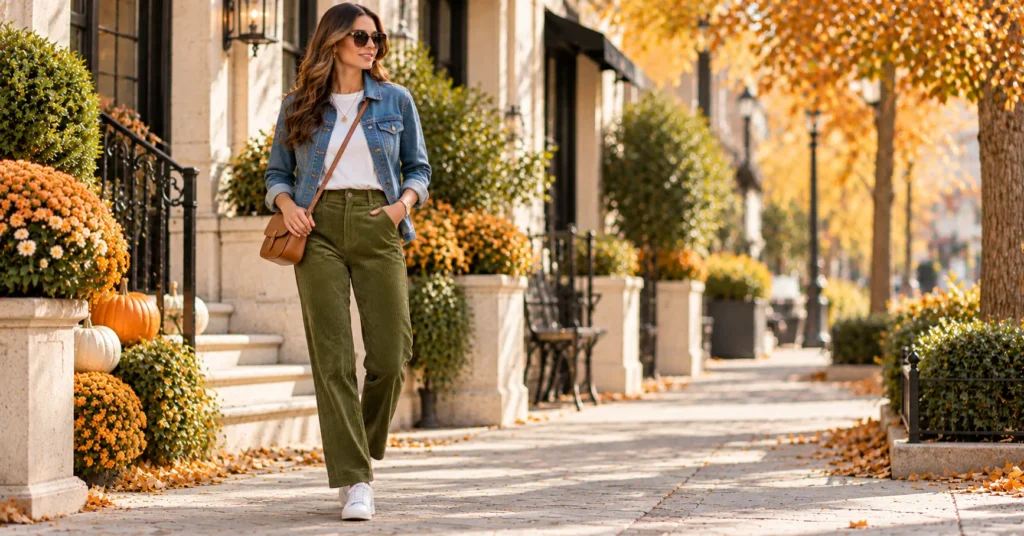 12 Effortless Corduroy Pants Outfit Ideas for a Chic Fall Look 8 Corduroy Pants Outfit Ideas with olive corduroy pants, a denim jacket, ivory tee, and white sneakers.