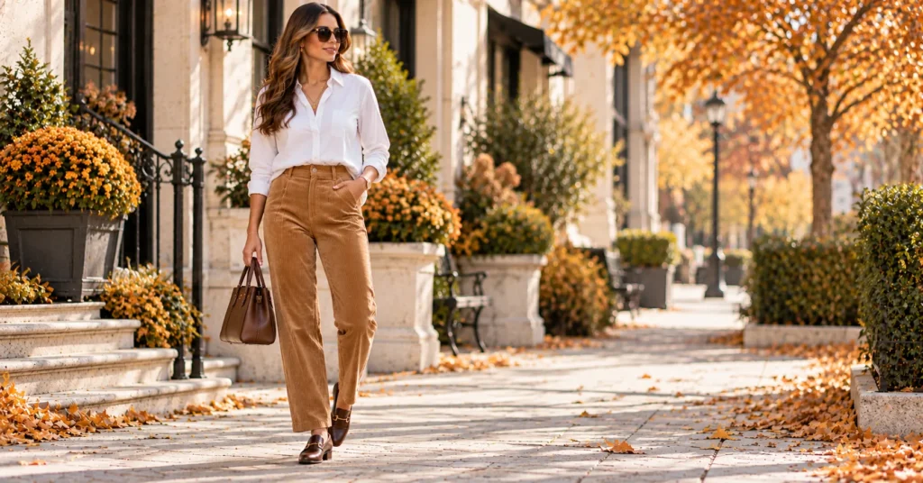 12 Effortless Corduroy Pants Outfit Ideas for a Chic Fall Look 9 Corduroy Pants Outfit Ideas featuring straight-leg corduroy pants styled with a crisp white button-down shirt and loafers.