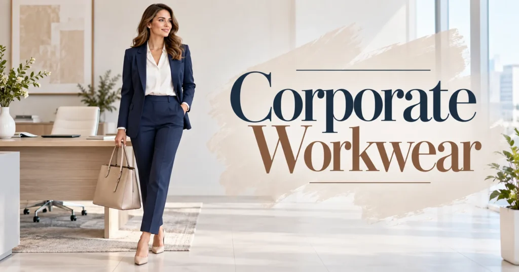 Corporate Workwear: 12 Powerful Outfit Ideas Every Woman Will Love 2 Corporate Workwear outfit with tailored navy suit, white blouse, nude pumps, and structured tote