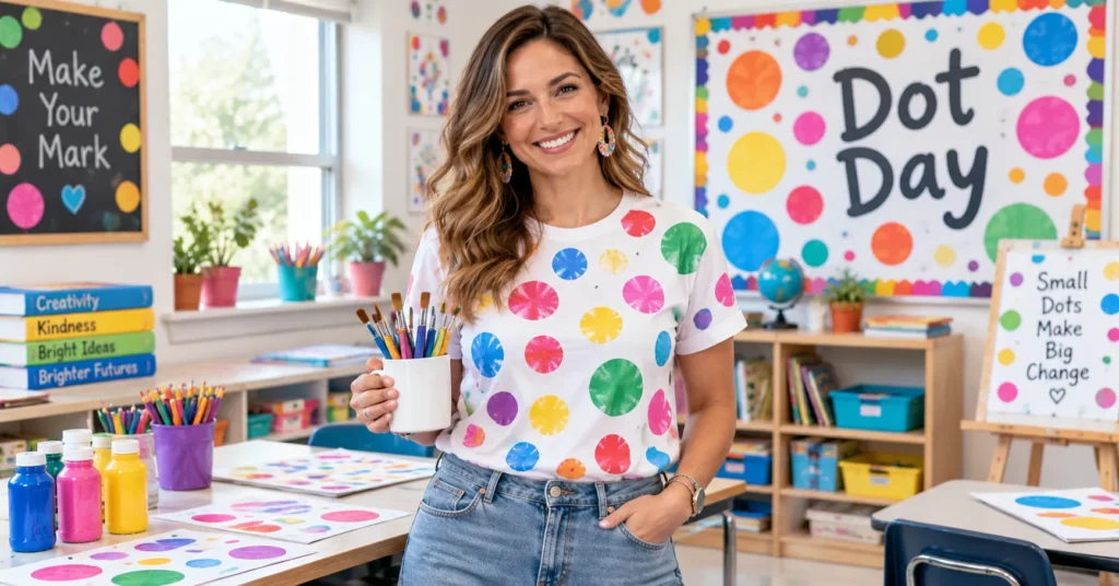 15 Brilliant Dot Day Shirt Ideas to Spark Creativity and School Spirit 3 Dot Day Shirt Ideas with colorful handprinted polka dots on a white shirt