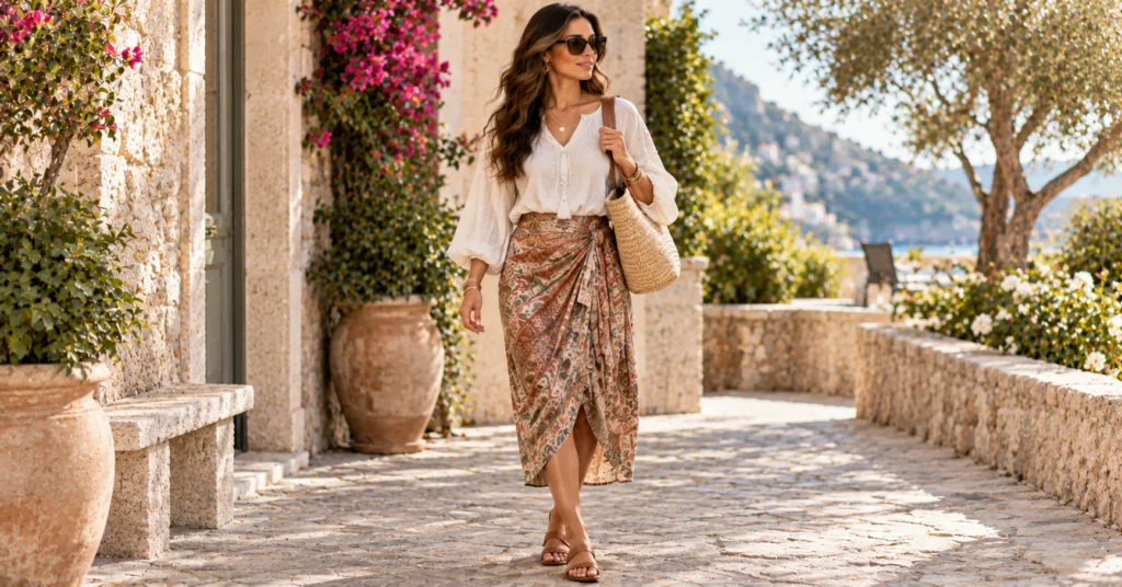 Draped Skirt Outfit Ideas featuring an earthy printed draped skirt, peasant blouse, layered necklaces, and sandals.