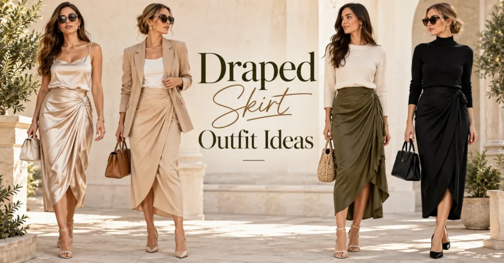 Draped Skirt Outfit Ideas featuring four chic modern draped skirt looks in satin, blazer, casual, and black evening styles.