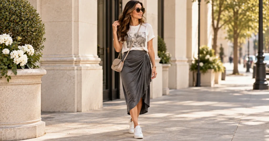 Draped Skirt Outfit Ideas featuring a casual jersey draped skirt with a graphic tee and white sneakers.