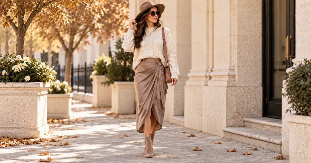 Draped Skirt Outfit Ideas featuring a taupe draped midi skirt with an oversized cream sweater and ankle boots.