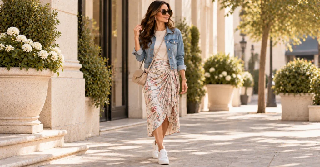 Draped Skirt Outfit Ideas featuring a floral draped midi skirt with a denim jacket and white trainers.