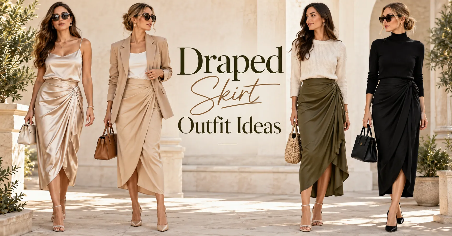 Home 10 Draped Skirt Outfit Ideas featuring four chic modern draped skirt looks in satin, blazer, casual, and black evening styles.
