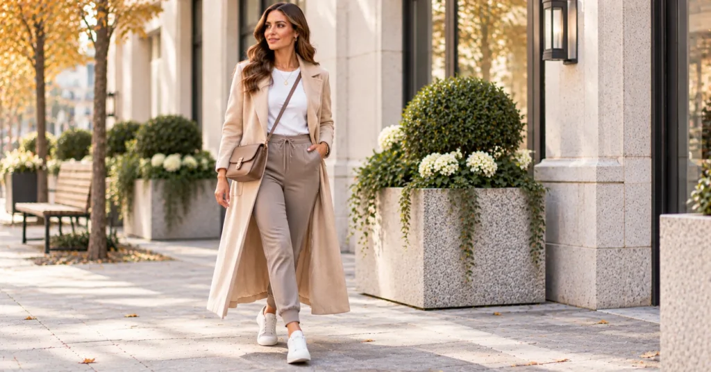 12 Effortless Duster Coat Outfit Ideas for a Chic Fall Look 10 Duster Coat Outfit Ideas featuring a beige duster coat with cropped joggers and trainers