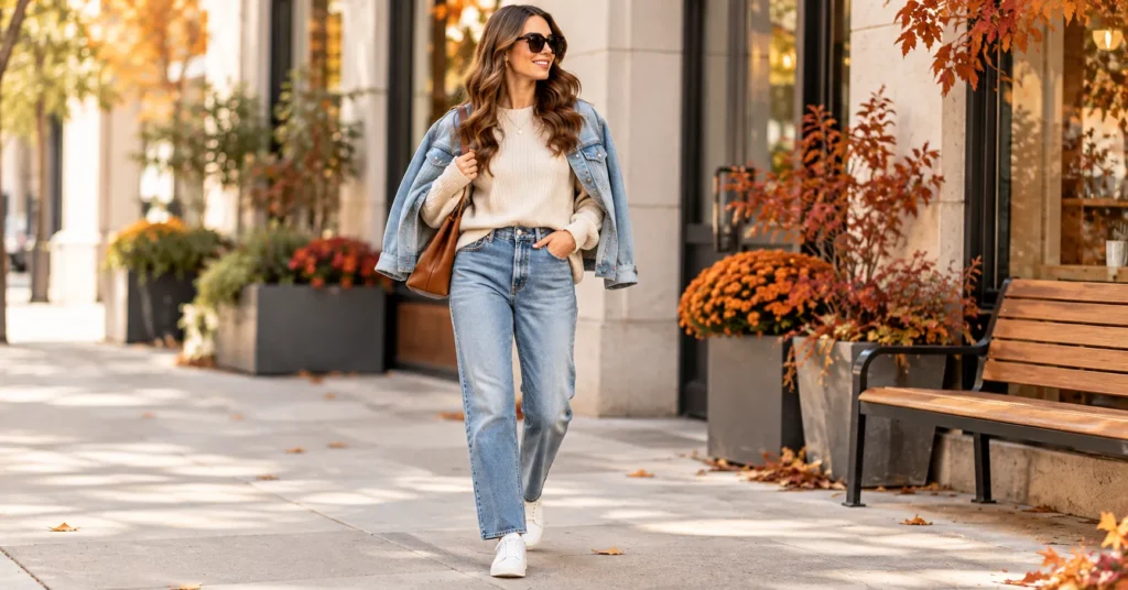 12 Effortless Early Fall Outfits 2026 to Refresh Your Wardrobe 3 Classic denim and knit Early Fall Outfits 2026 with jeans and sneakers
