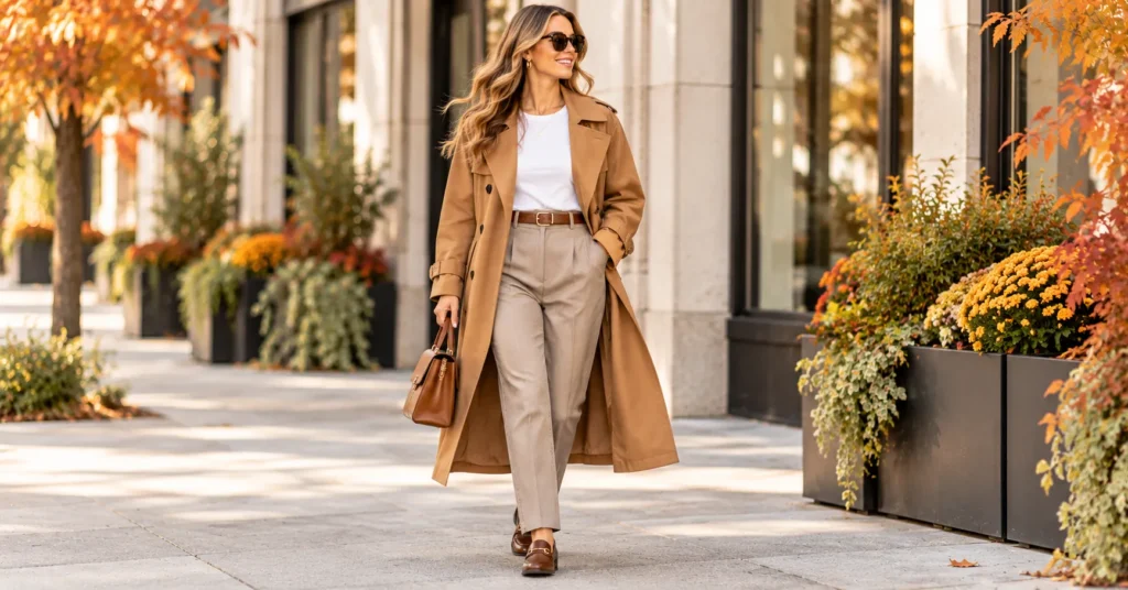 12 Effortless Early Fall Outfits 2026 to Refresh Your Wardrobe 4 Camel trench coat Early Fall Outfits 2026 with tailored trousers