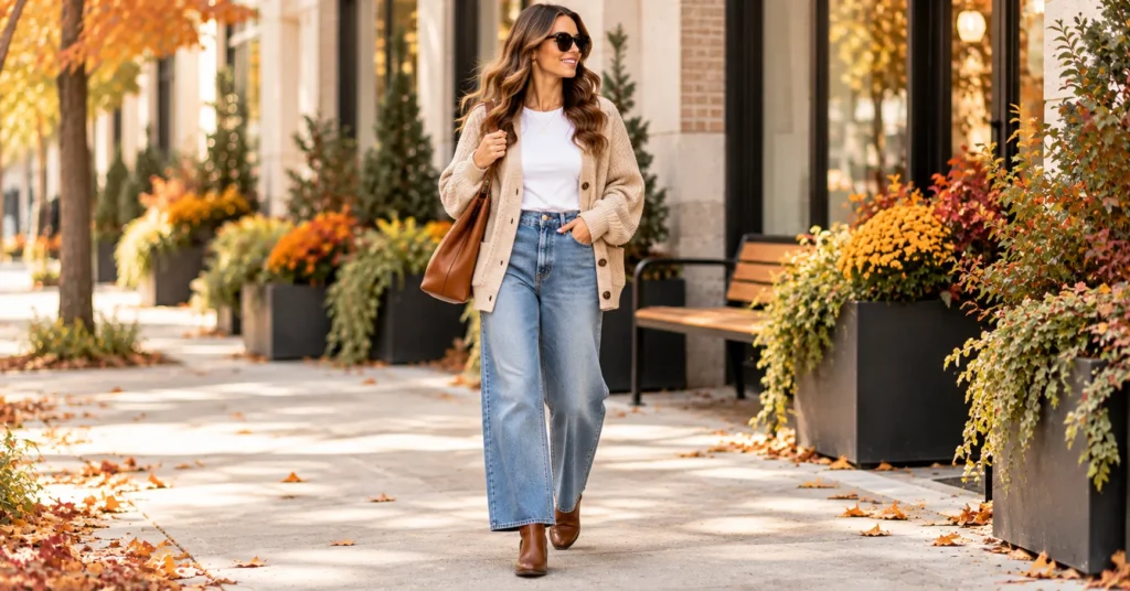 12 Effortless Early Fall Outfits 2026 to Refresh Your Wardrobe 5 Cozy cardigan Early Fall Outfits 2026 with wide leg jeans and boots
