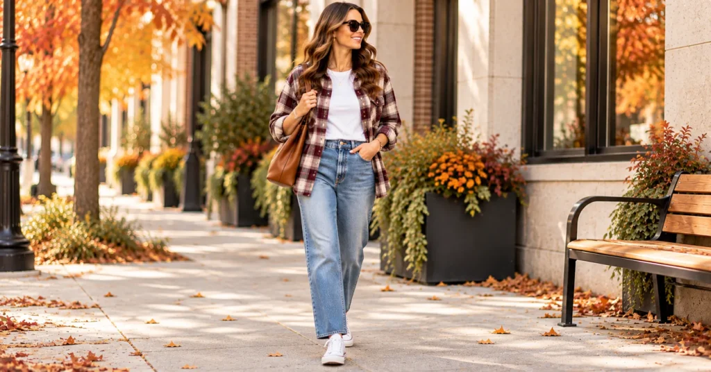 12 Effortless Early Fall Outfits 2026 to Refresh Your Wardrobe 6 Plaid flannel Early Fall Outfits 2026 with white tee and jeans