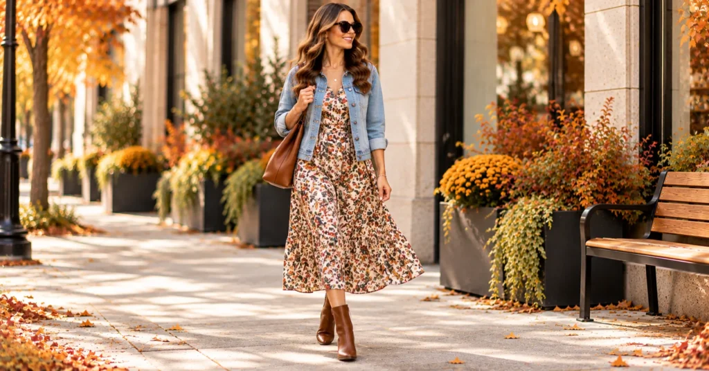 12 Effortless Early Fall Outfits 2026 to Refresh Your Wardrobe 8 Midi dress and boots Early Fall Outfits 2026 with denim jacket