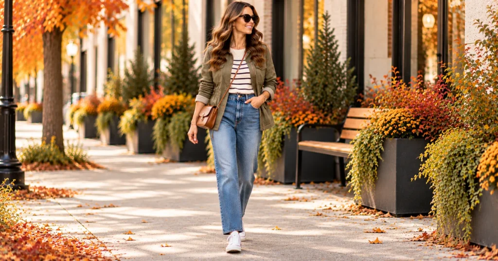 12 Effortless Early Fall Outfits 2026 to Refresh Your Wardrobe 10 Olive utility jacket Early Fall Outfits 2026 with jeans and sneakers