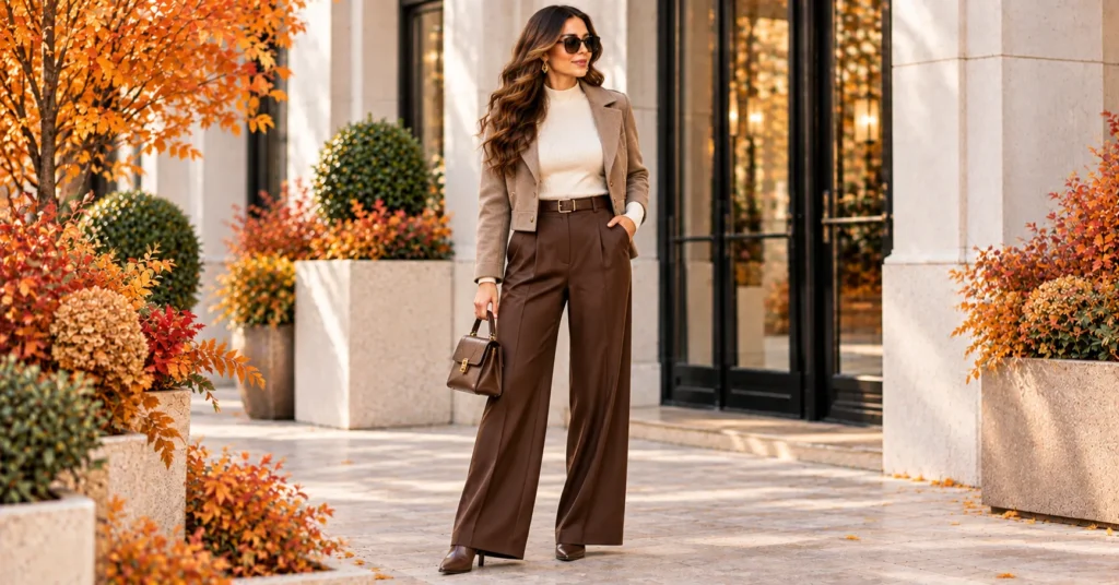 12 Effortless Fall Going Out Outfits to Steal Every Night 7 Wide leg trouser and fitted top Fall Going Out Outfits for dinner