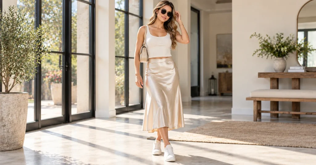 Frat Party Outfit Ideas for Girls: 14 Effortless Looks You'll Actually Wear 12 Frat Party Outfit Ideas For Girls featuring a champagne satin slip skirt and tank