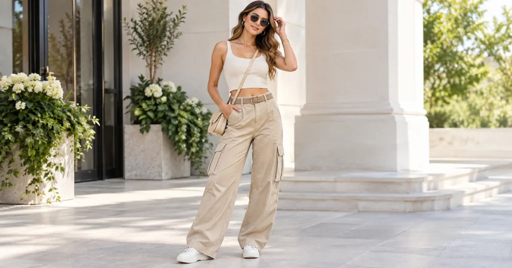 Frat Party Outfit Ideas for Girls: 14 Effortless Looks You'll Actually Wear 9 Frat Party Outfit Ideas For Girls with beige cargo pants and a fitted crop top