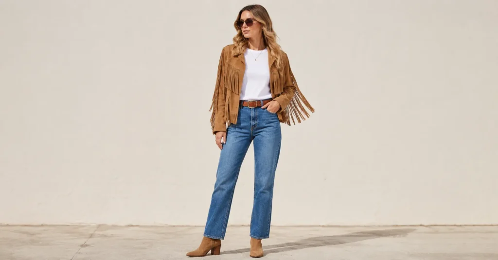 13 Irresistible Fringe Jacket Outfit Ideas to Master Fall 2026 3 Fringe Jacket Outfit Ideas featuring a tan western fringe jacket, white tee, jeans, and ankle boots