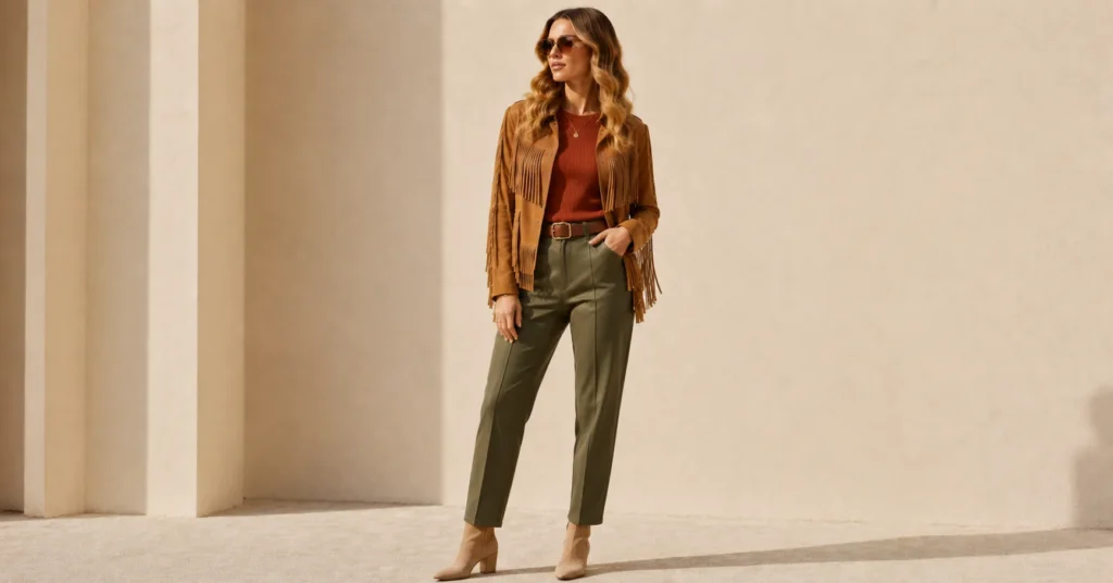 13 Irresistible Fringe Jacket Outfit Ideas to Master Fall 2026 12 Fringe Jacket Outfit Ideas featuring a tan suede fringe jacket with a rust top and olive trousers