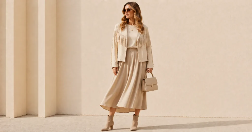13 Irresistible Fringe Jacket Outfit Ideas to Master Fall 2026 13 Fringe Jacket Outfit Ideas featuring a women's fringe jacket styled with a midi skirt and ankle boots