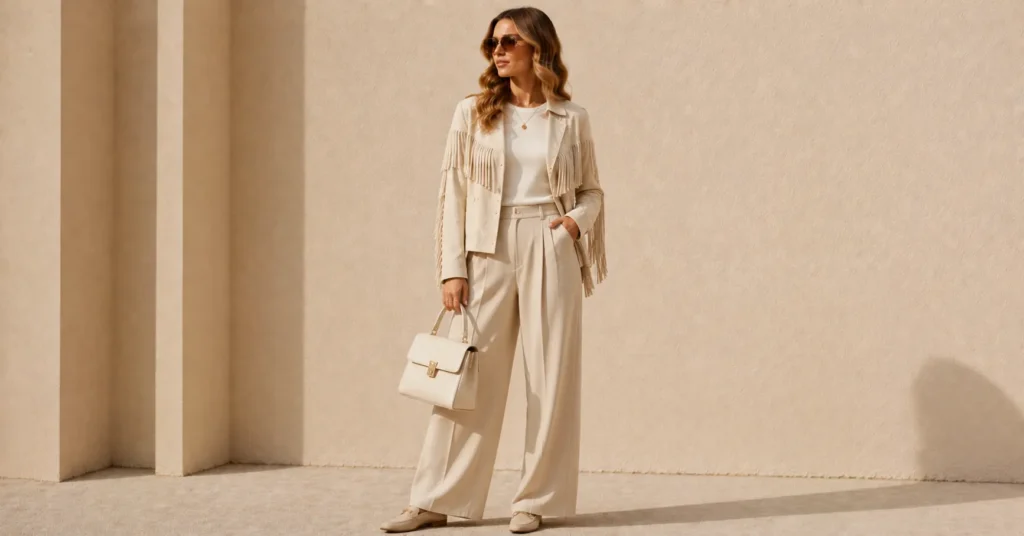 13 Irresistible Fringe Jacket Outfit Ideas to Master Fall 2026 14 Fringe Jacket Outfit Ideas featuring a cream fringe jacket with white tee and beige wide-leg trousers