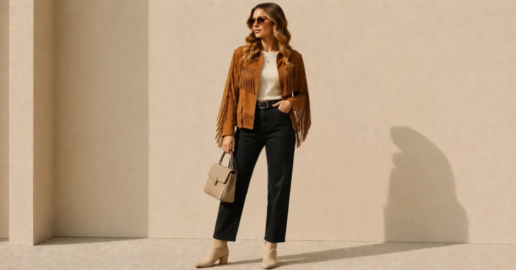 13 Irresistible Fringe Jacket Outfit Ideas to Master Fall 2026 15 Fringe Jacket Outfit Ideas featuring a statement caramel fringe jacket over a neutral outfit with black jeans
