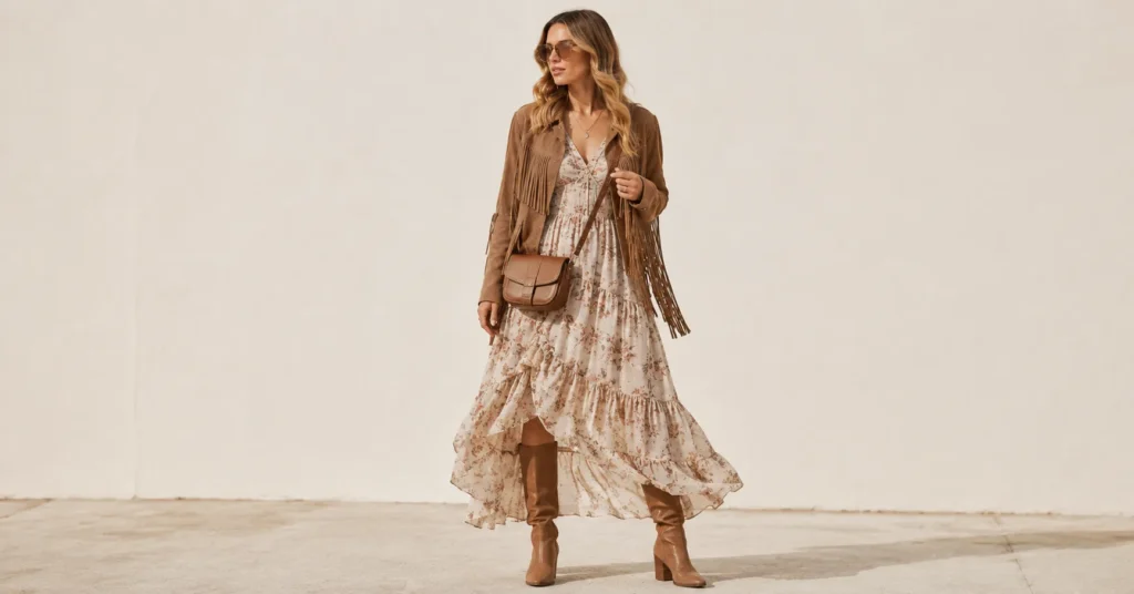 13 Irresistible Fringe Jacket Outfit Ideas to Master Fall 2026 4 Fringe Jacket Outfit Ideas featuring a boho suede jacket layered over a floral maxi dress