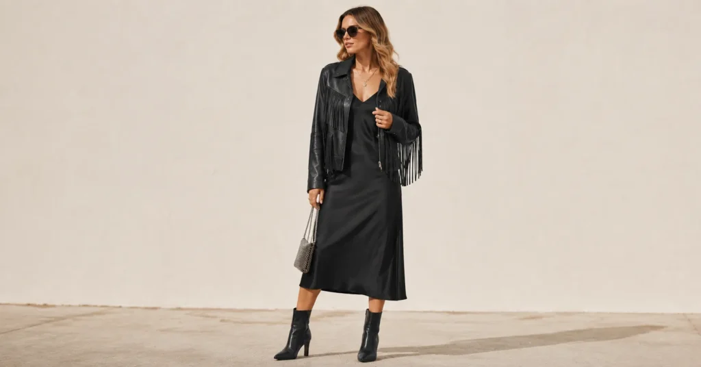 13 Irresistible Fringe Jacket Outfit Ideas to Master Fall 2026 5 Fringe Jacket Outfit Ideas featuring a polished black fringe leather jacket and midi dress