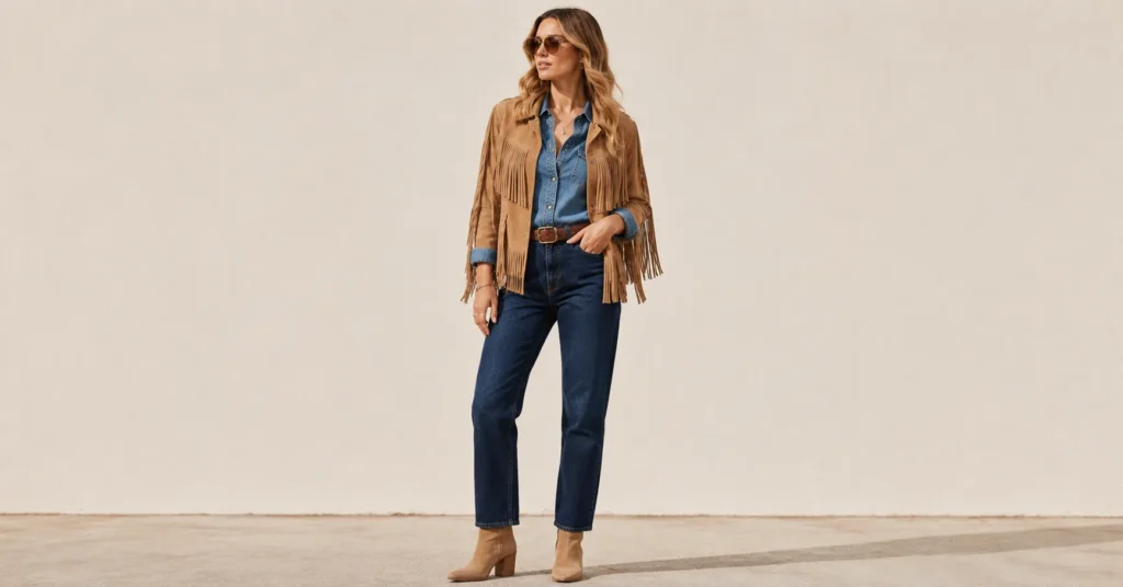 13 Irresistible Fringe Jacket Outfit Ideas to Master Fall 2026 6 Fringe Jacket Outfit Ideas featuring a suede fringe jacket layered with denim shirt and dark jeans