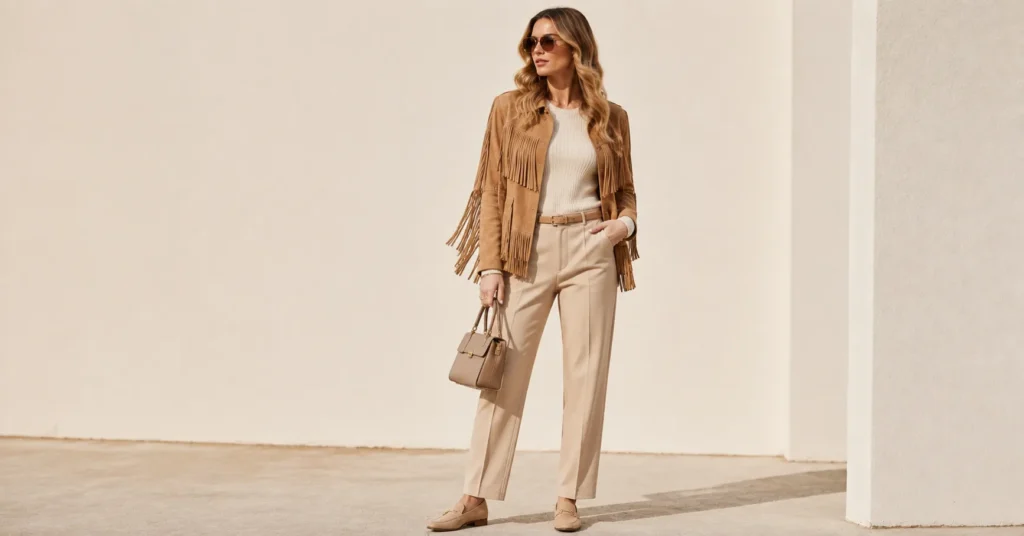13 Irresistible Fringe Jacket Outfit Ideas to Master Fall 2026 7 Fringe Jacket Outfit Ideas featuring a camel fringe jacket with cream knitwear and beige trousers