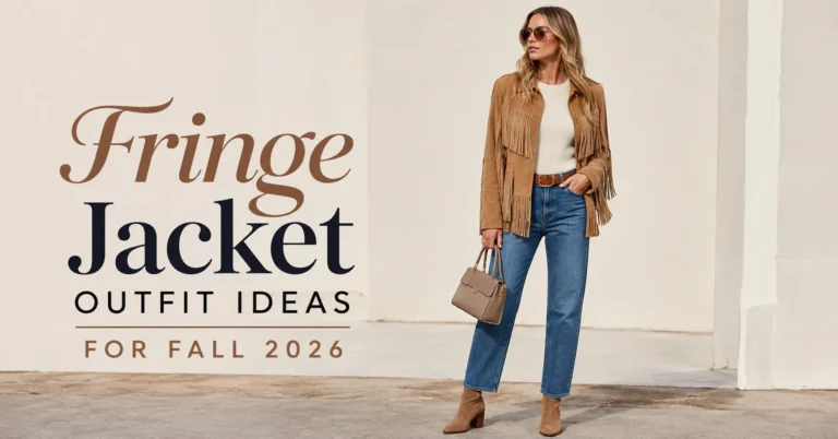 Fringe Jacket Outfit Ideas featuring a sophisticated tan suede fringe jacket styled with jeans and ankle boots