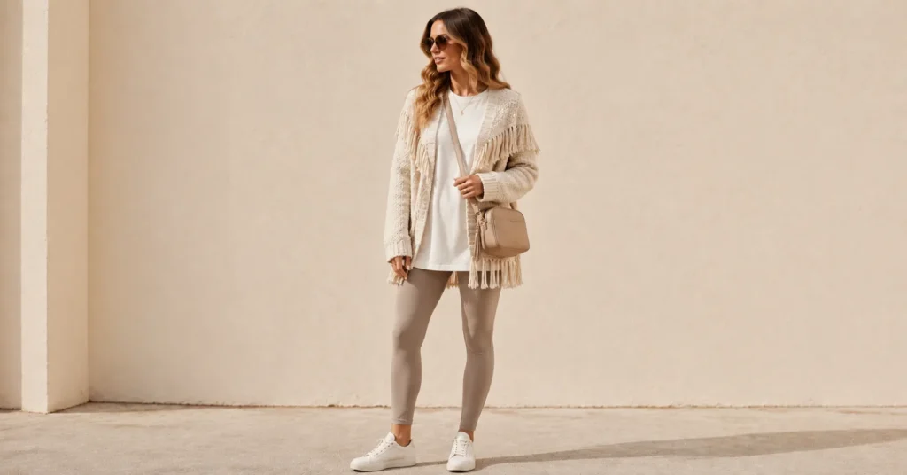 13 Irresistible Fringe Jacket Outfit Ideas to Master Fall 2026 10 Fringe Jacket Outfit Ideas featuring a cozy cream knit fringe jacket with leggings and white sneakers