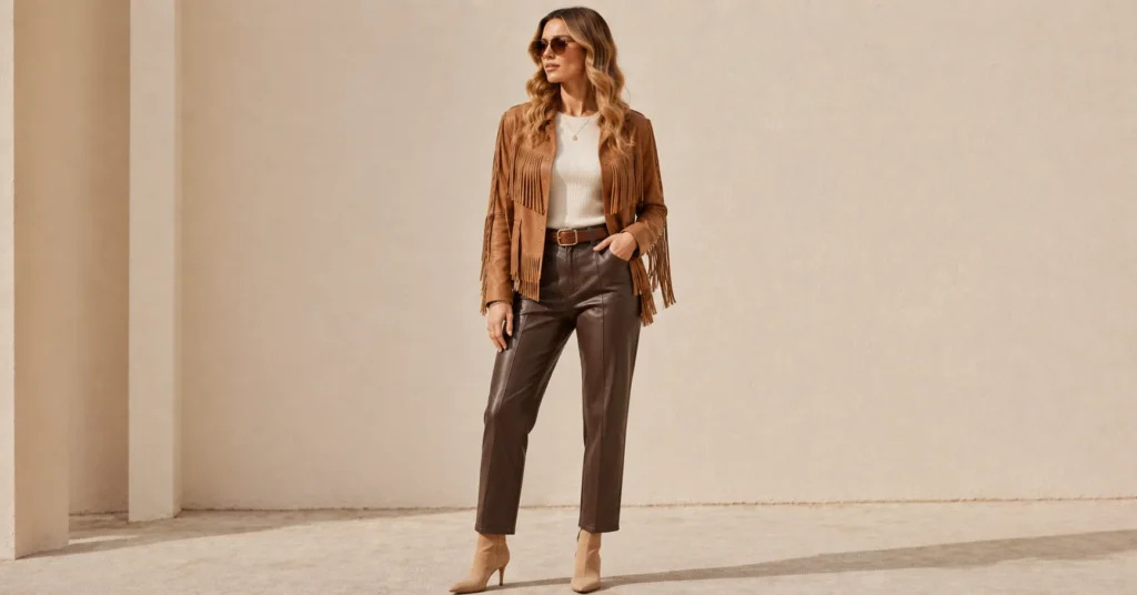 13 Irresistible Fringe Jacket Outfit Ideas to Master Fall 2026 11 Fringe Jacket Outfit Ideas featuring a refined fringe leather jacket with leather trousers and a cream top