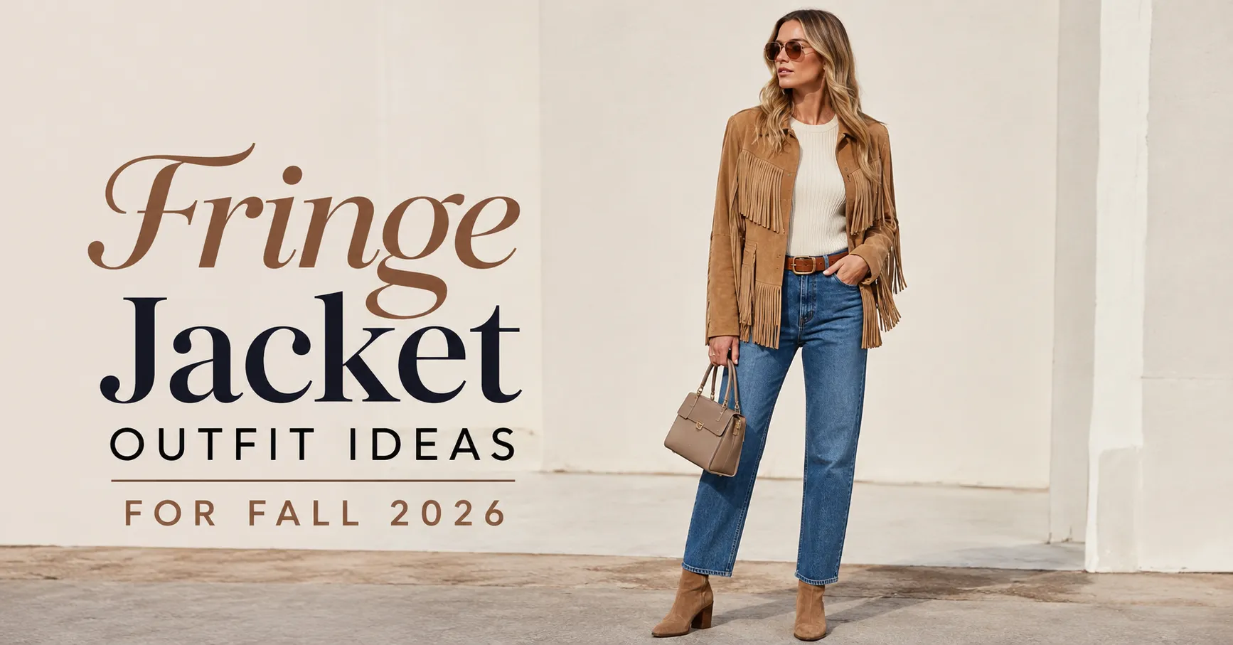 Fringe Jacket Outfit Ideas featuring a sophisticated tan suede fringe jacket styled with jeans and ankle boots