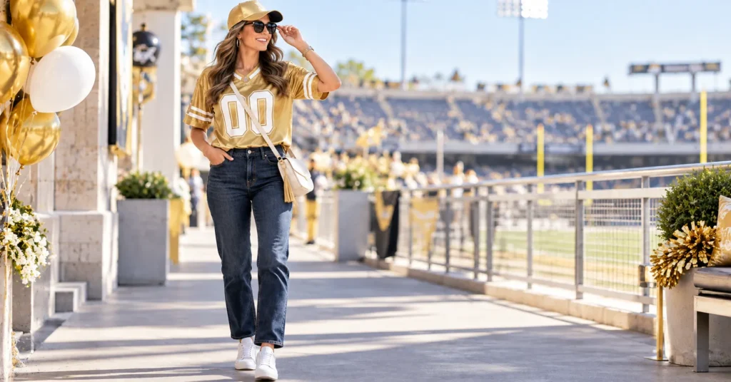 Gold Out Football Game Outfit Ideas with a gold jersey and dark jeans