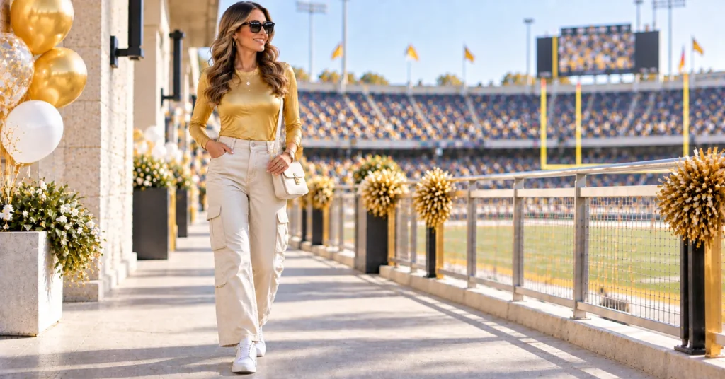 Gold Out Football Game Outfit Ideas with a gold bodysuit and cargo pants