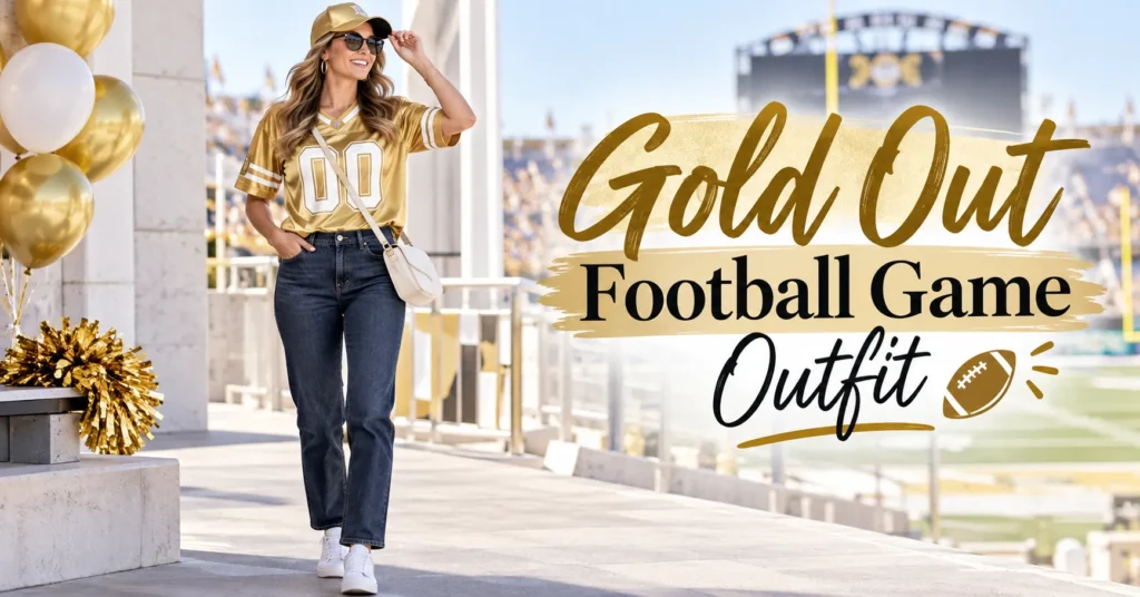 Gold Out Football Game Outfit Ideas for Women featuring a stylish gold jersey and dark jeans