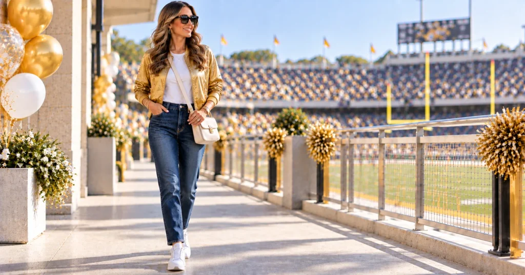 Gold Out Football Game Outfit Ideas with a gold bomber jacket and slim jeans