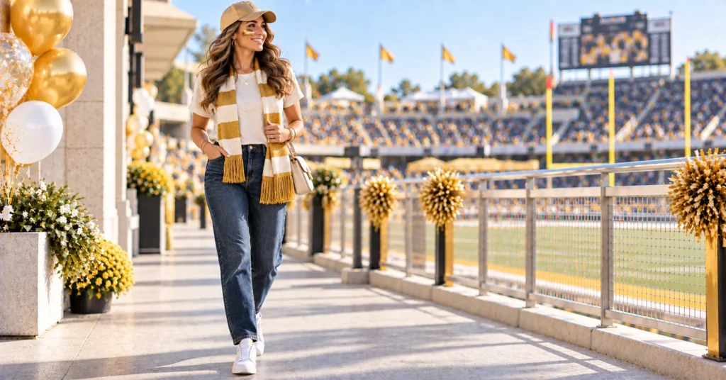 Gold Out Football Game Outfit Ideas with gold face paint and game-day accessories