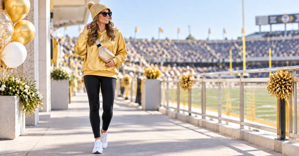 Gold Out Football Game Outfit Ideas with an oversized gold hoodie and black leggings