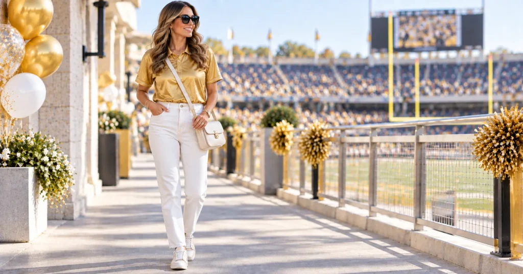 Gold Out Football Game Outfit Ideas with a gold polo shirt and white denim