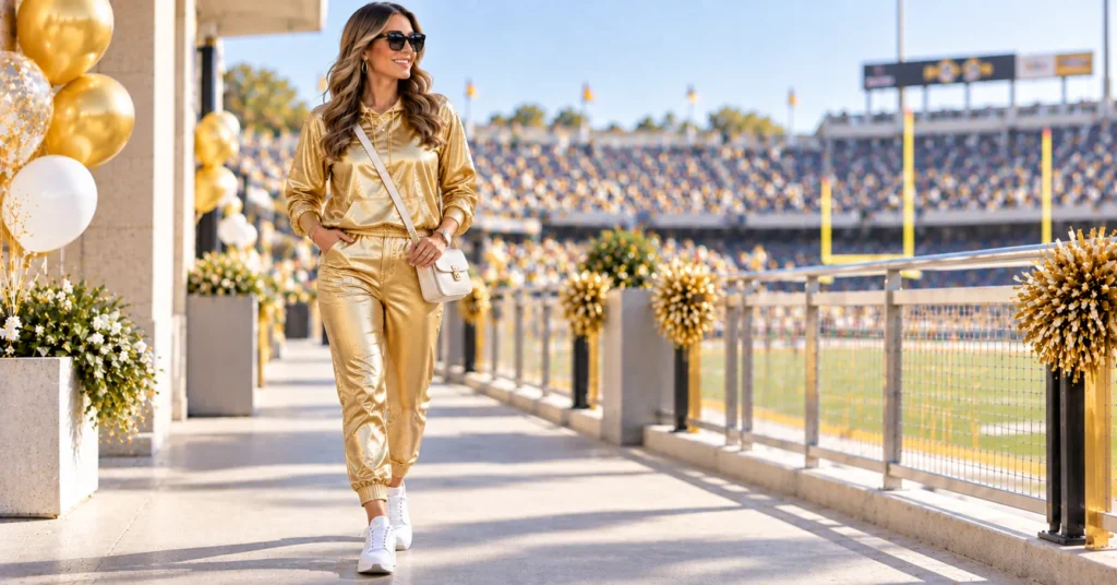 Gold Out Football Game Outfit Ideas featuring a coordinated gold athleisure set